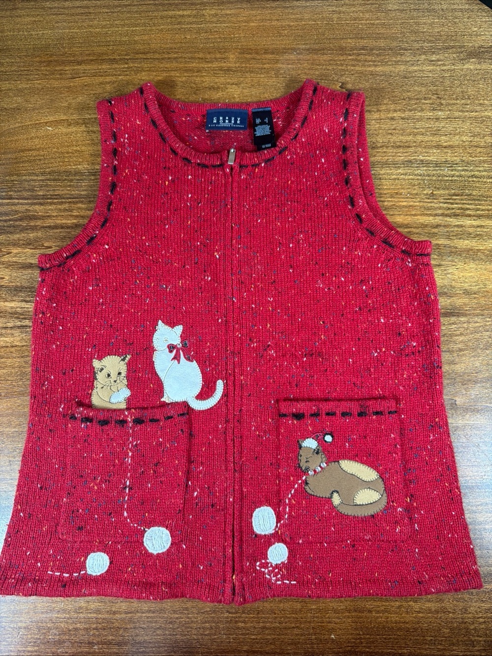 Vintage Crazy Horse Holiday Cat Themed Zip Sweater Vest